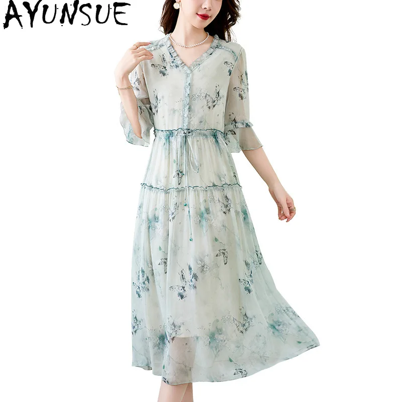 AYUNSUE 100% Mulberry Silk Long Dress for Women Elegant Womens Dresses Summer Dress Lace-up Butterfly Print 2026 Платье Женское