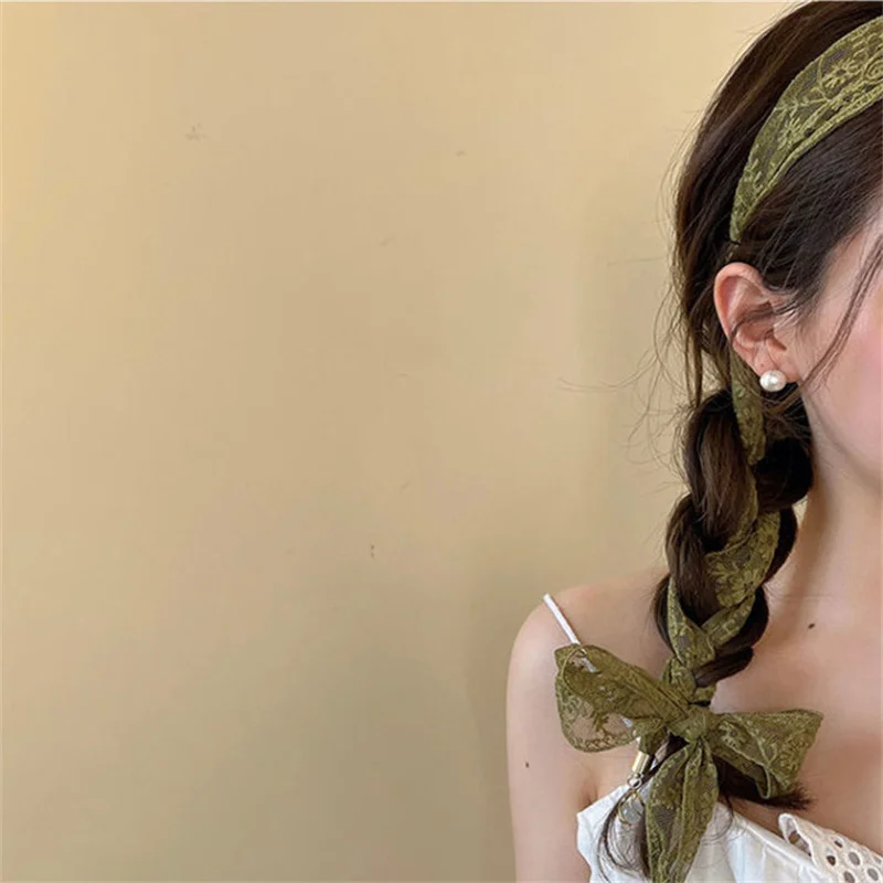 Fashion Elegant Lace Belt Green Ribbon Decorative Hairband Long Thin Pendant Hairband For Women Girls Hair Accessories Gifts