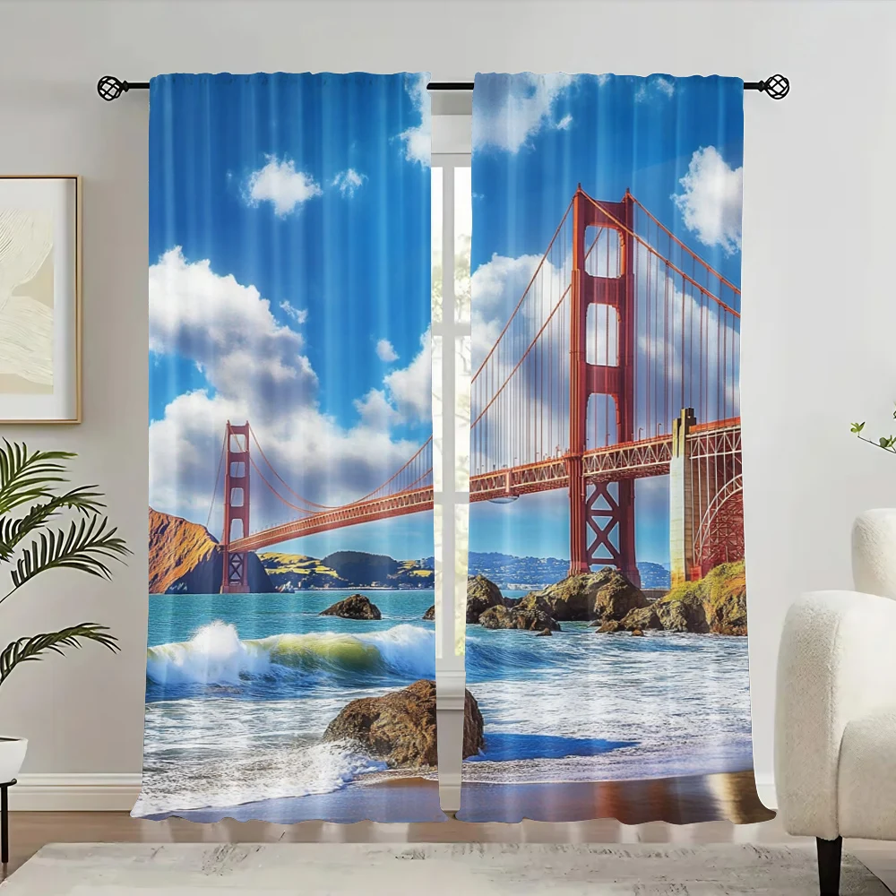 2Pcs Landscape Curtain San Francisco Golden Gate Bridge Rocky Sea Waterscape Scenic Coastline Vacation Suitable For Bedroom