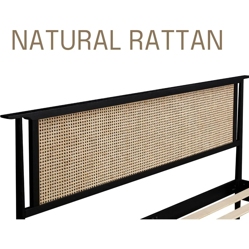 سرير خشبي من الروطان الطبيعي NTC روبي مع لوح رأسي، دعم شريحة من خشب البلوط الصلب، سعة 1000 رطل، سهل التجميع