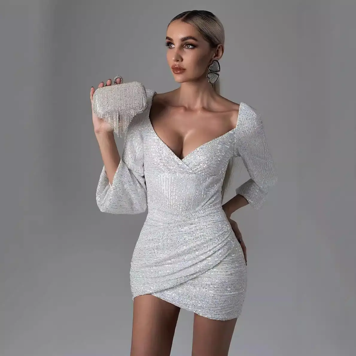 Sexy V-Ne Bodycon Dr avec ourlet asymétrique et paillettes pour femmes collection automne pièce unique col haut longue Sl...