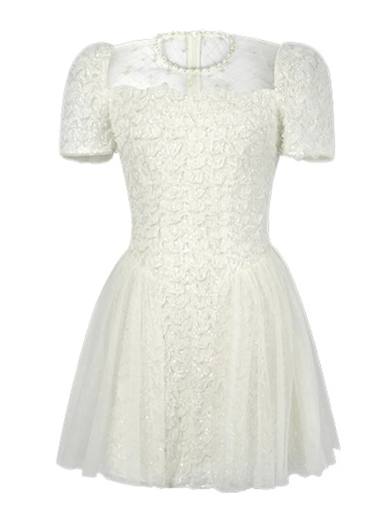 ภาษาฝรั่งเศสคําพรหมชุดมินิสําหรับผู้หญิงประณีตElegant Sheerตาข่ายเพิร์ลจีบชุดSequinsวันเกิดชุดราตรีVestidosหญิง