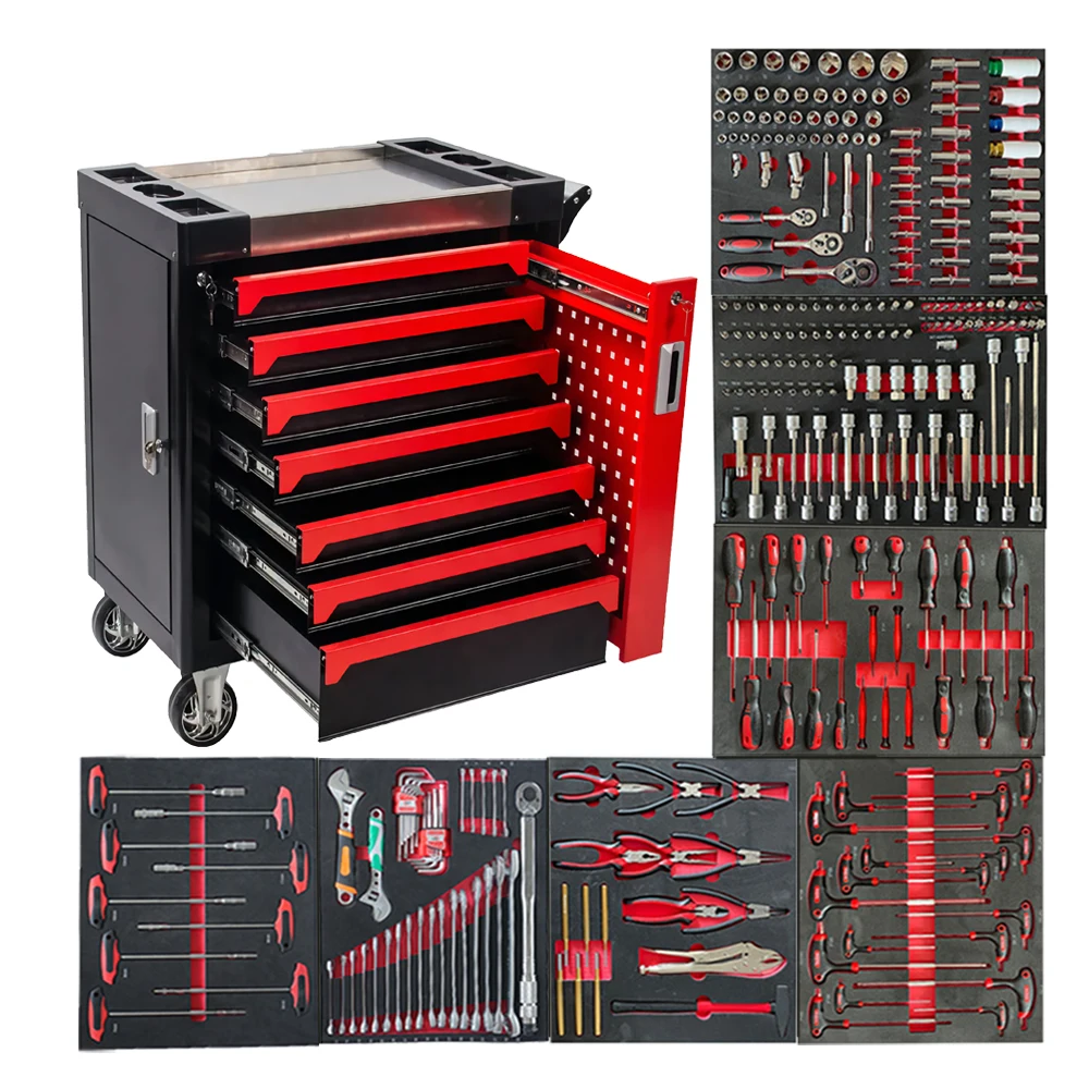CE Certified 7-Drawer Steel Tool Cabinet Roller Tool Box Trolley/Chest/Cart With 296pcs Auto Tool Set For Workshop Storage
