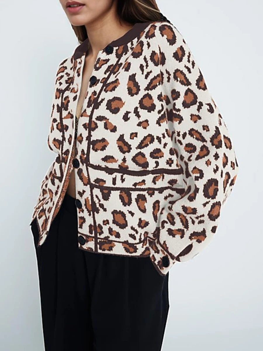 Women Leopard Cardigan Long Sleeve Button Closure Fall Casual Jacket Sweater with Pockets