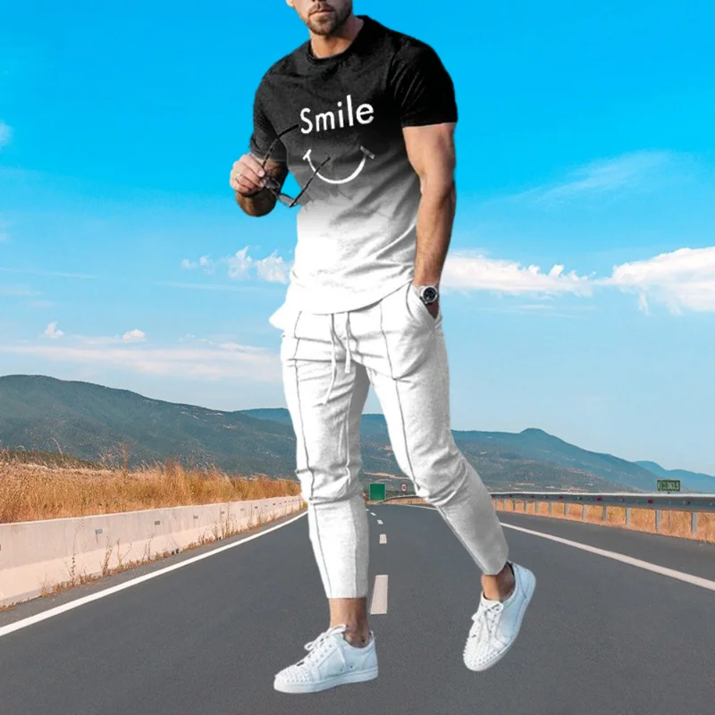 New Summer Short Sleeve T shirt + Trousers Men Suit Streetwear Men Set Oversized Long Pant Tracksuit 2 Piece Set Men Clothing