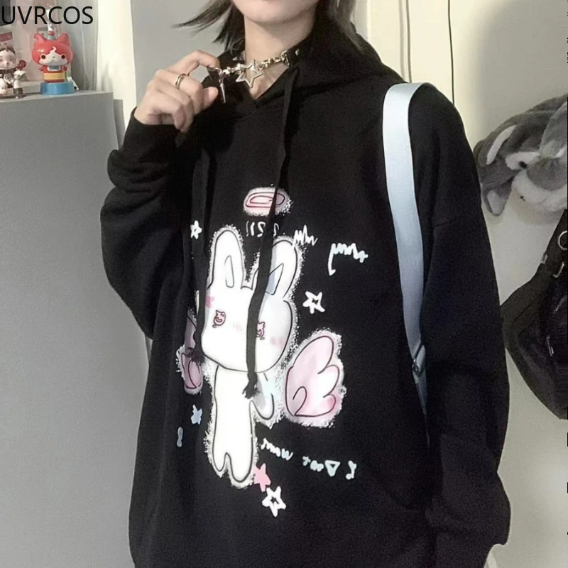 Y2k Aesthetic Cartoon Bunny Print Hoodies Harajuku Women Loose Black Drawstring Coat Gothic Grunge Pocket Streetwear Sweatshirts