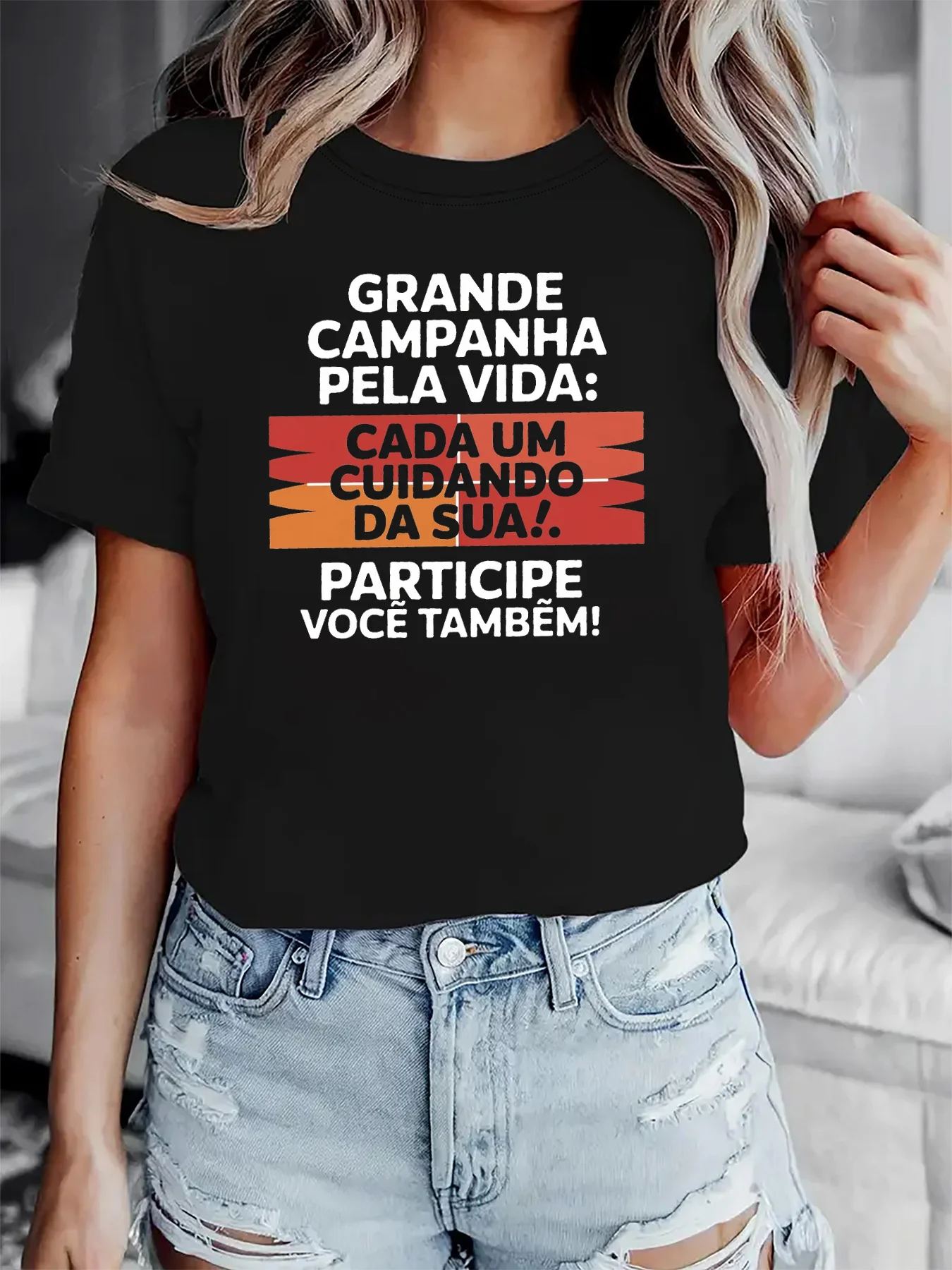 Women's Portuguese Awareness T-Shirt Cada Um Cuidando Da Sua Participue Você Slogan Print Short Sleeve T Shirt Casual Clothes