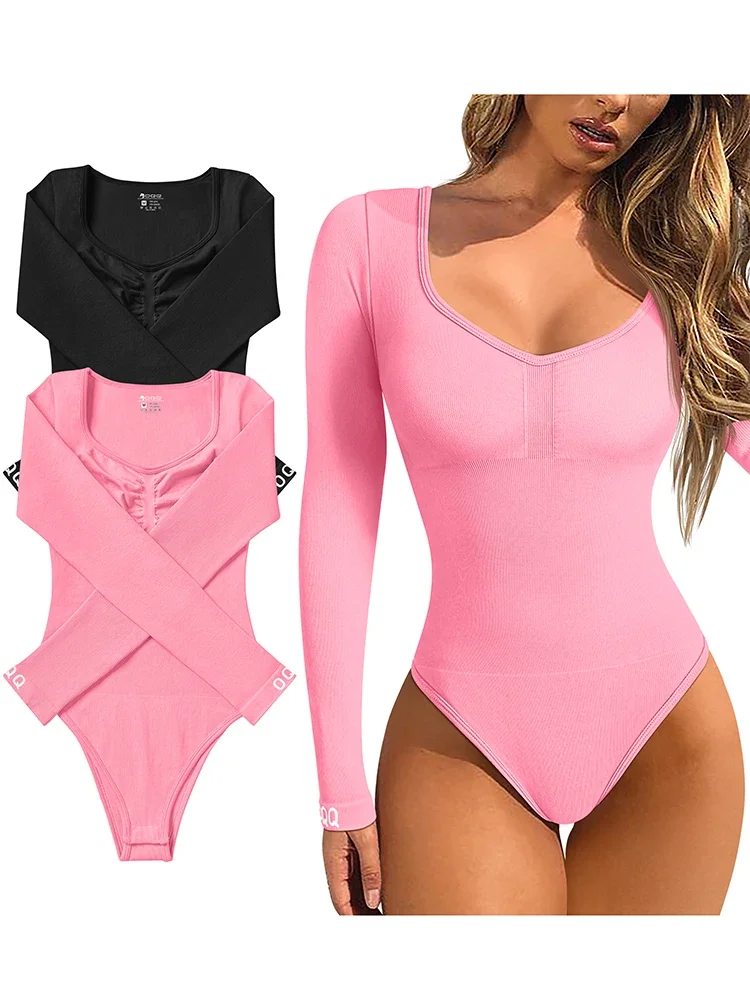 

Autumn Winter Women's Long Sleeve Square Collar Bodysuit Solid Color Casual Ribbed Bodysuit Elastic Knitted Slim Bodysuit