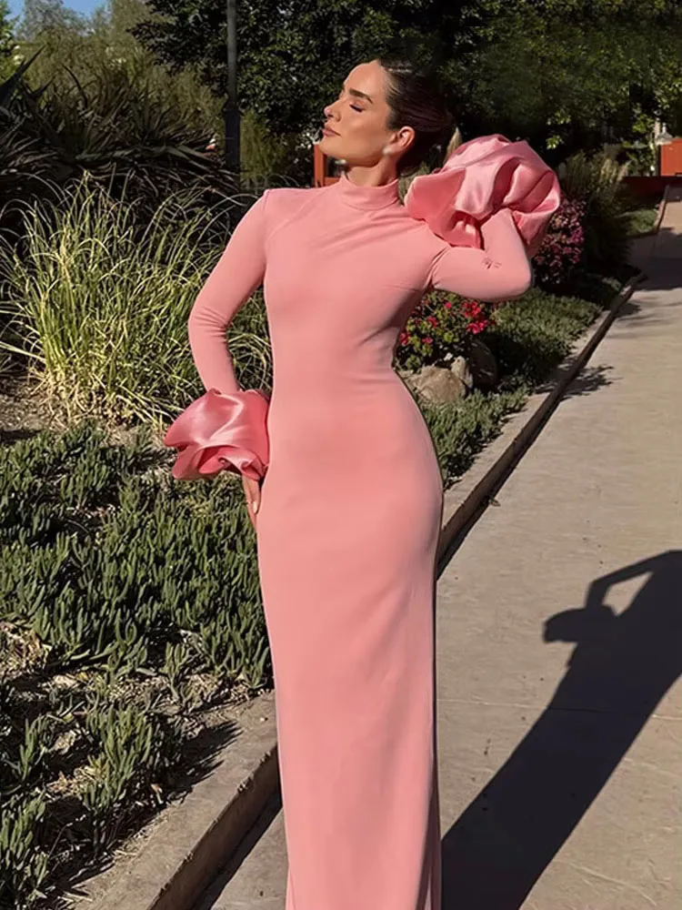 HH Mulheres Moda Verão Gola Meia Alta Mangas Compridas Fenda Decorar Vestido Feminino Elegante High Street Zipper Slim Vestido Longo