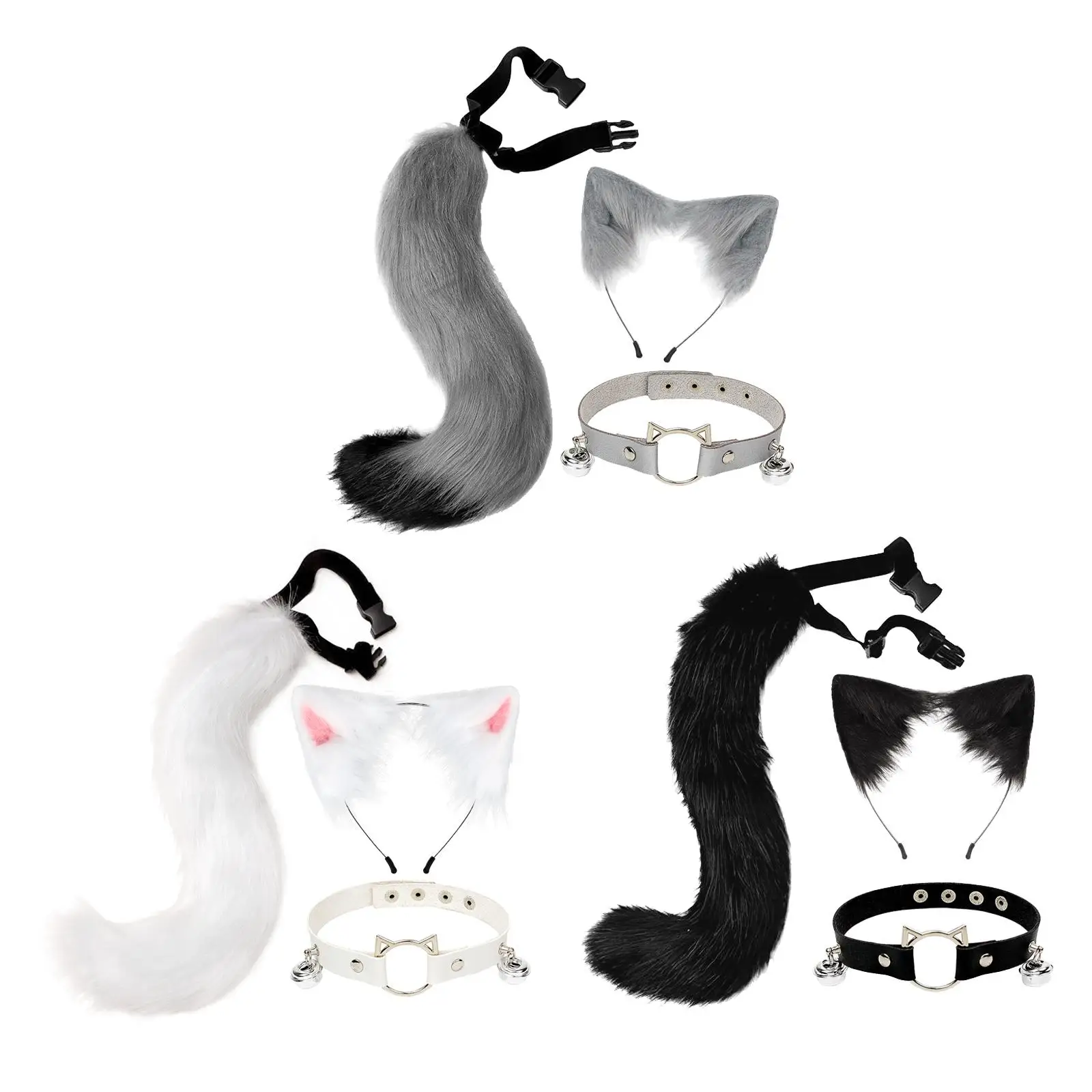 3x Plush Ears and Tail Set Halloween Party Furry Wolf Long Tail Headband