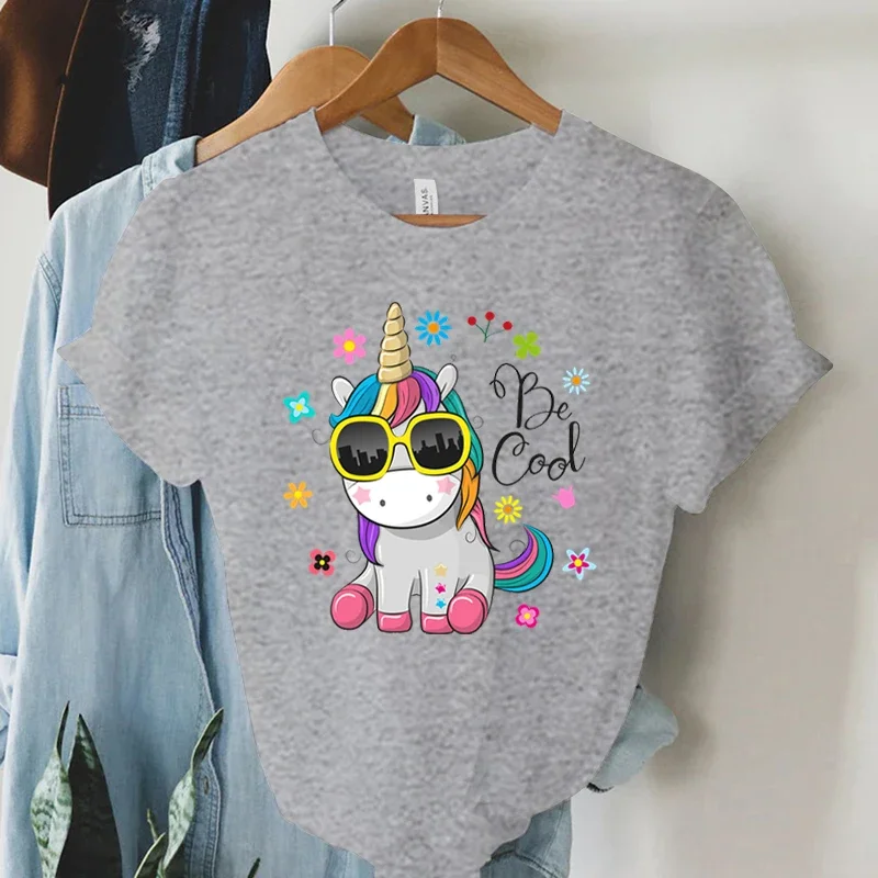 Short Sleeve T -Shirt Cool Unicorn Print Women Summer Casual Harajuku Shirt Woman Y2k Aesthetic Graphic Clothes Cartoon Tshirt