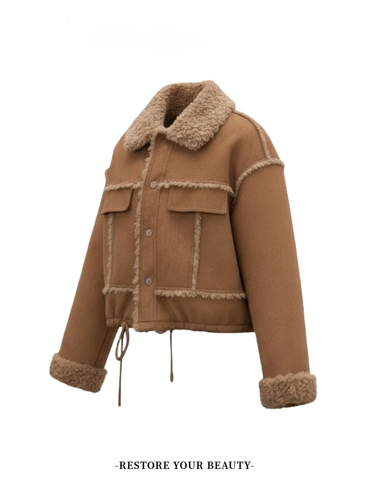 Kurtka damska z kołnierzem z futra, model 2025, nowa kolekcja zimowa, mały rozmiar, luźny krój, ciepła, podszyta polarem, prosty styl.