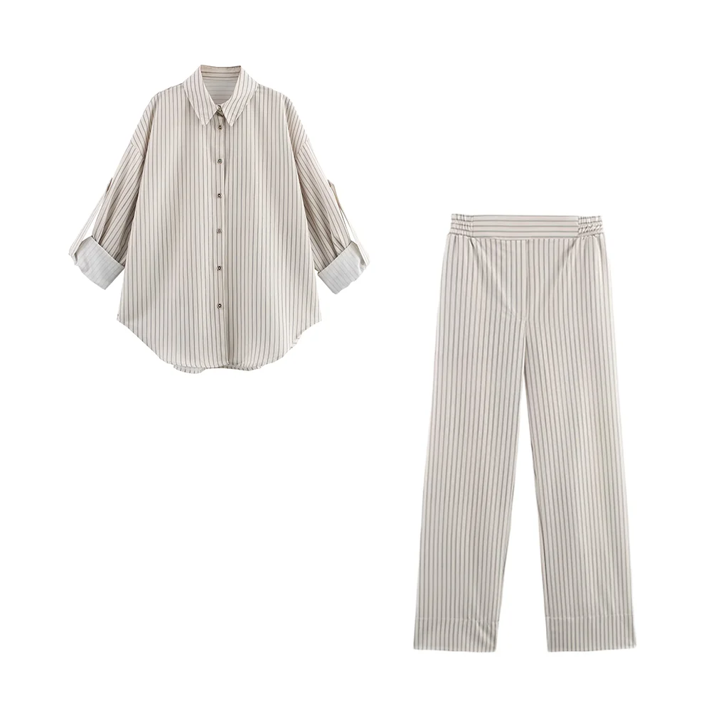 أزياء مخطط بانت مجموعات لسيدة عارضة التلبيب الياقة كم طويل قميص مخطط مع علامة تبويب زرر مطابقة مريح بنطال ذو قصة أرجل واسعة #2