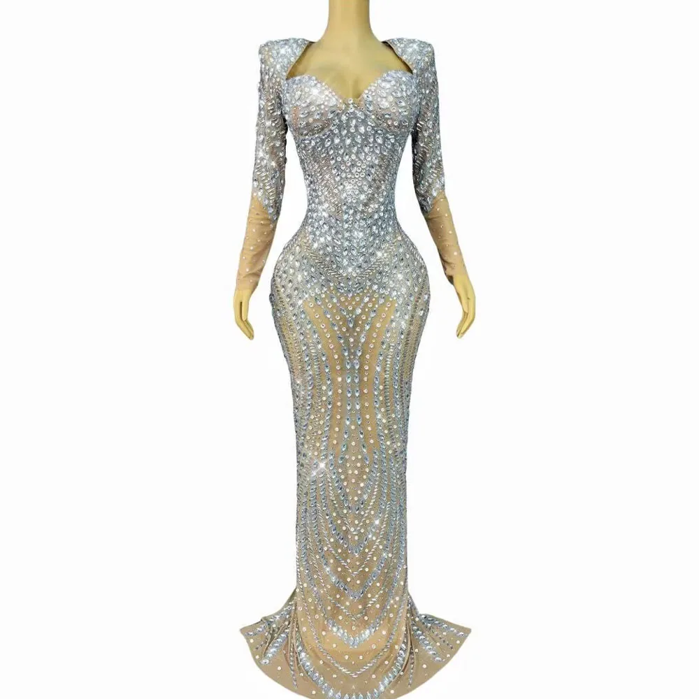 

Luxury Sexy Evening Flashing Rhinestones Cultivation Long Dress Women Cocktail party Prom Gown Red carpet Elegant Stage Wear