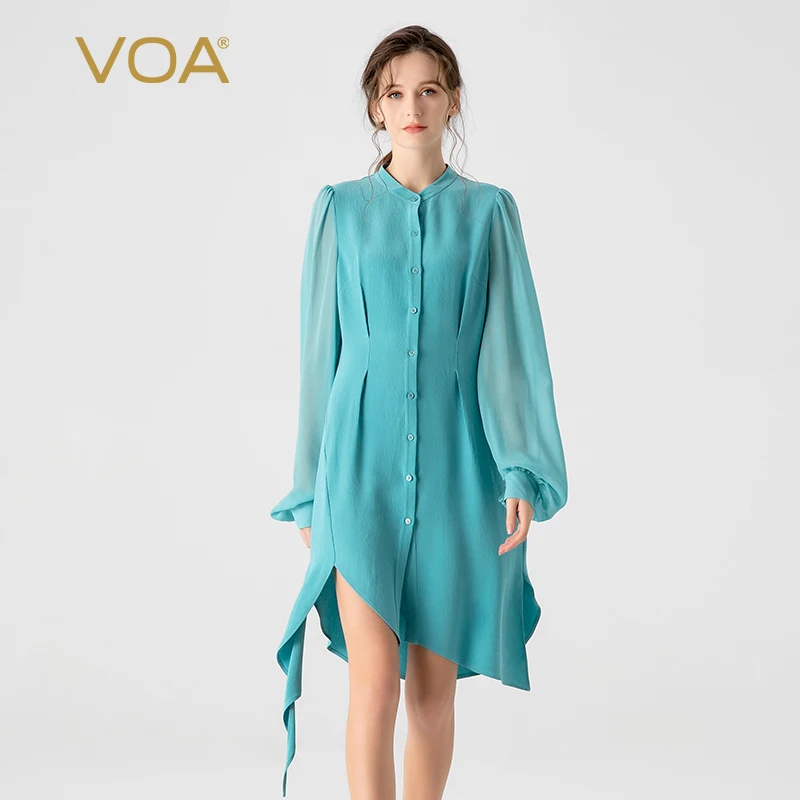 

40 Momme Heavyweight Silk Ice Blue Round Neck Lantern Long Sleeve Dresses Women Single Breasted Irregular Midi Dress AE1839