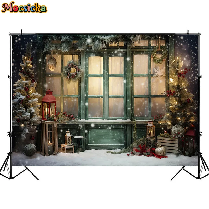 Christmas Backdrops Photography Props Xmas Green Door Outdoor Snow Christmas Tree Wreath Decor Background Kids Portrait Studio