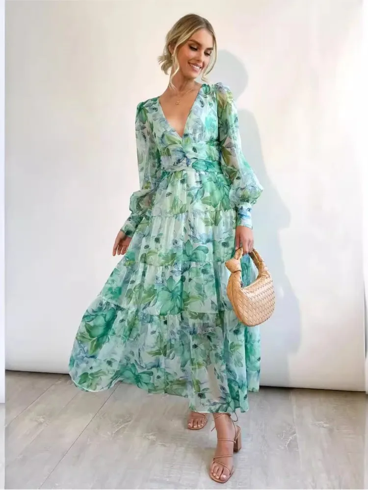 Autumn New Flower Print Long Dresses Women Fashion Temperament V-neck Long Sleeve A-line Dress Elegant Lady Commuting Vestidos