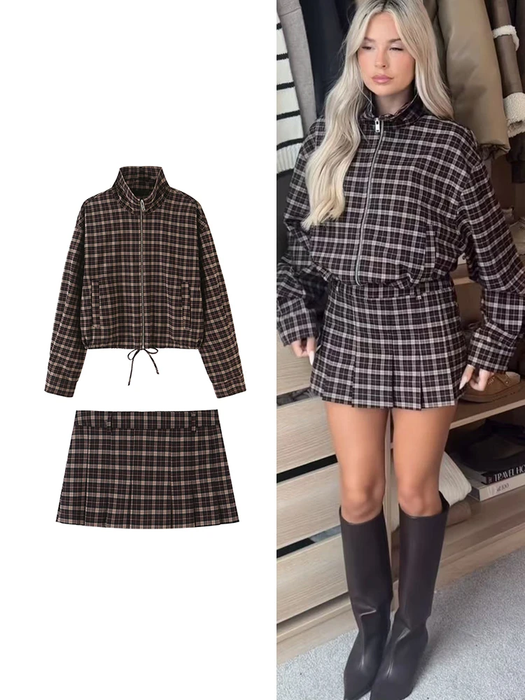 TFMLN Women Plaid Skirt Set Vintage Stand Collar Pockets Zipper Long Sleeve Short Jacket Fashion Mini Skirt Autumn Casual Sets