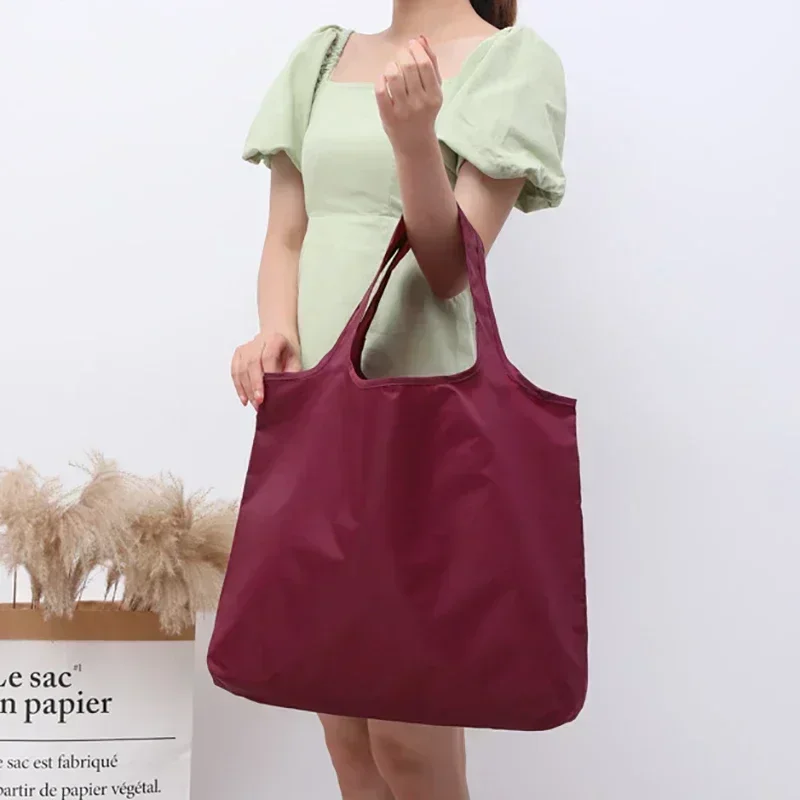 STN14 Eco-Friendly Folding Shopping Bag Reusable Portable Shoulder Handbag for Travel Grocery simple solid color grocery bag