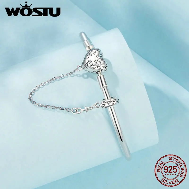 WOSTU Hot 925 Sterling Silver Retro Heart Bracelet Safty Chain DIY Bangle With Zircon for Women Date Wedding Party Jewelry Gift