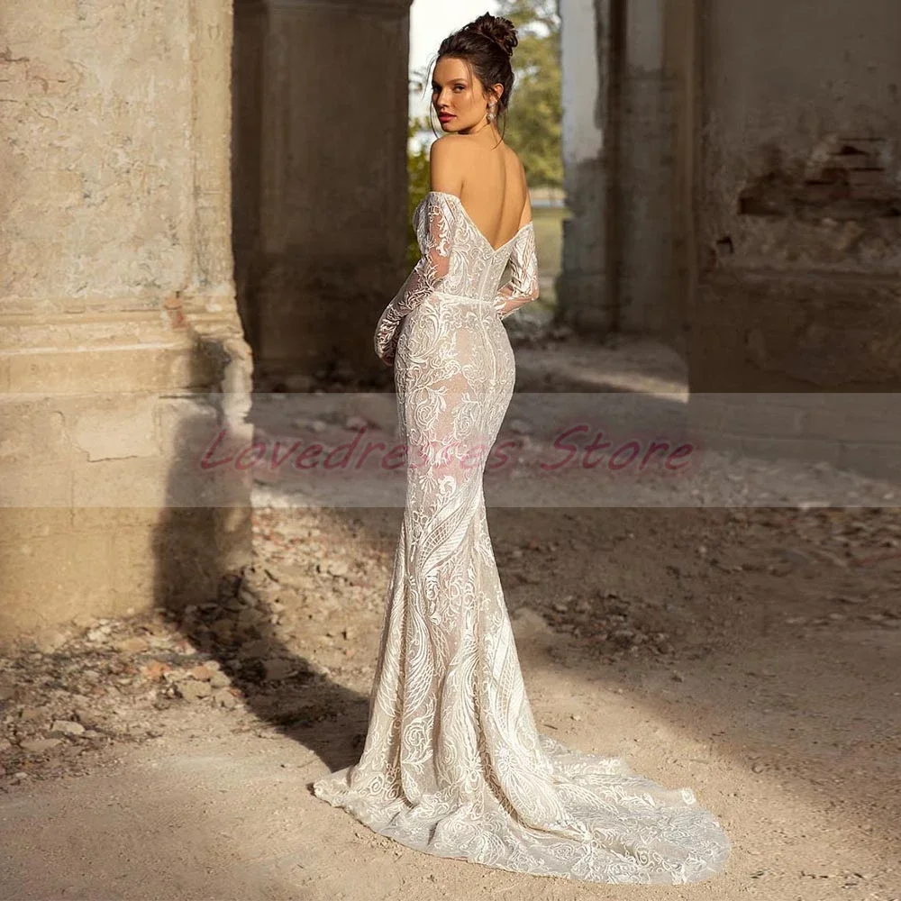 Customized Off-The-Shoulder Strapless Ivory Wedding Dresses Floor-Length Full Sleeve Sheath with Applique Backless Court Train