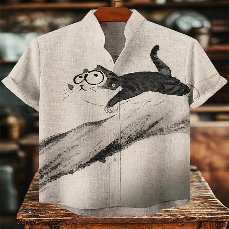 2025 Camicia da uomo casual con stampa per tiro con l'arco, arte del gatto, camicia con stampa magica del gatto nero