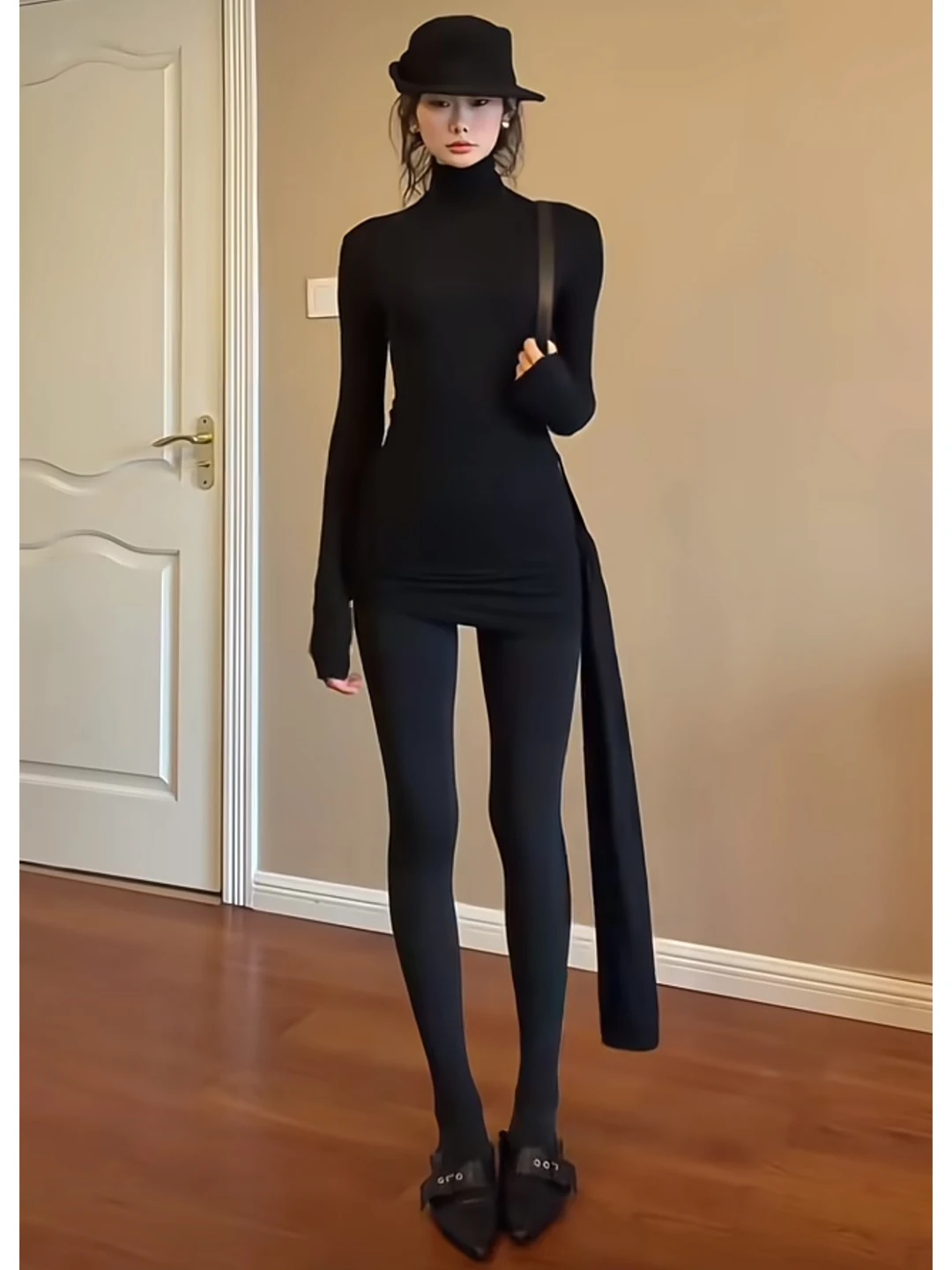 

American Style Sexy Black Asymmetric Belted High Collar Slim Fit Women's Dress Spring City Commute Long Sleeve Knitted Elastic