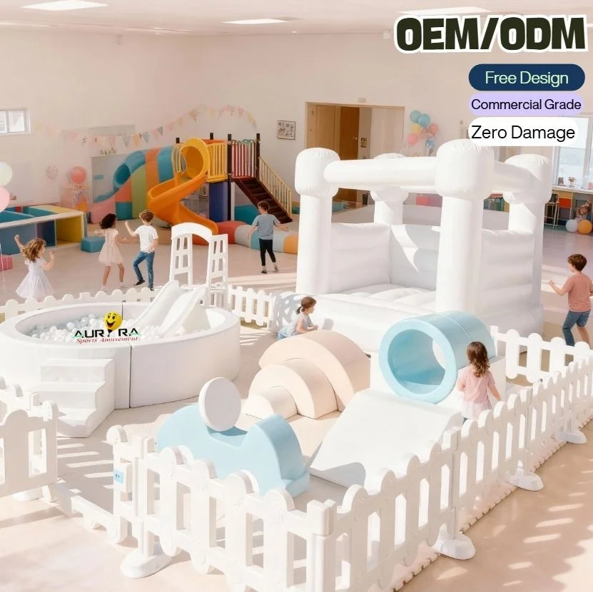 Complete Set of Indoor White Soft Play Equipment for Kids: Inflatable Castle, Ball Pit, Slide, and Padded Play Structures