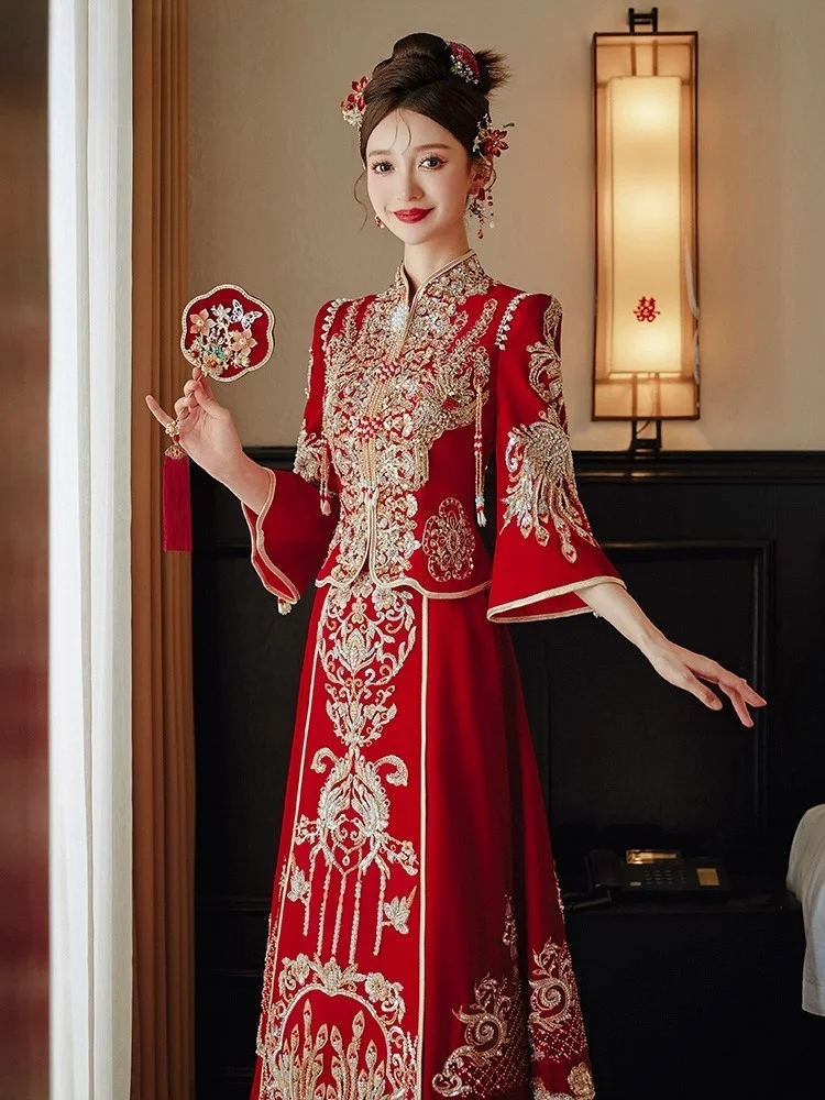 

Velvet dress for brides new style wedding heavy industry Chinese-style and