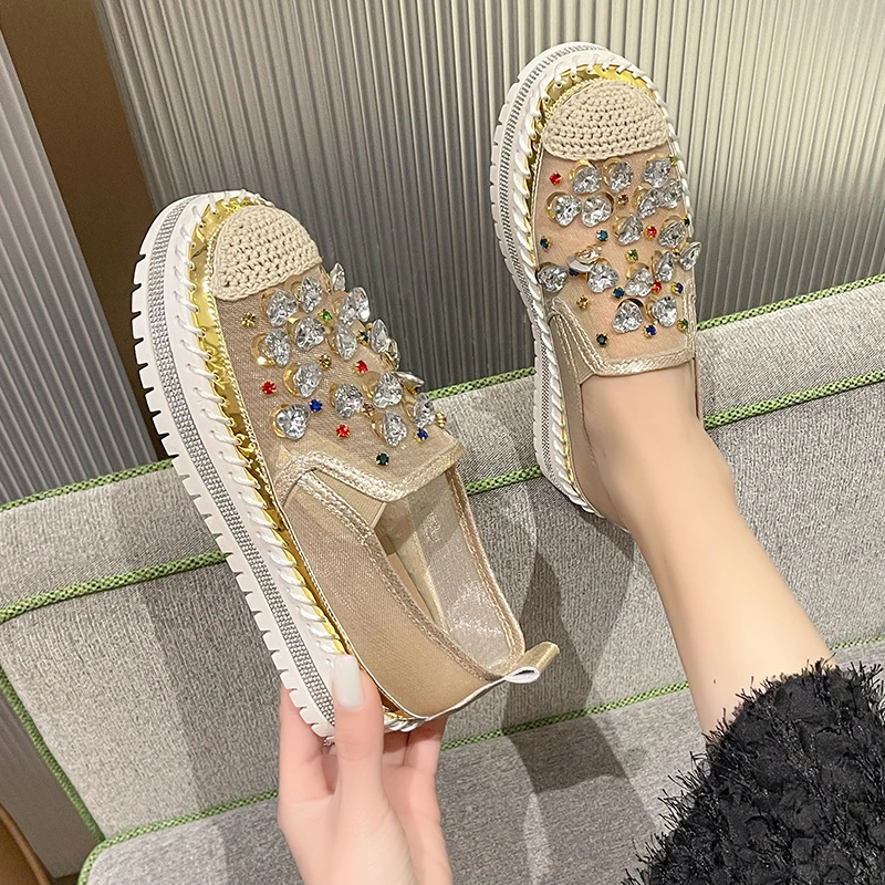 

Women's Large Size Platform Slip-On Shoes Breathable Mesh Summer New Style Water Diamond Casual Shoes Rubber Bottom Mid Heel