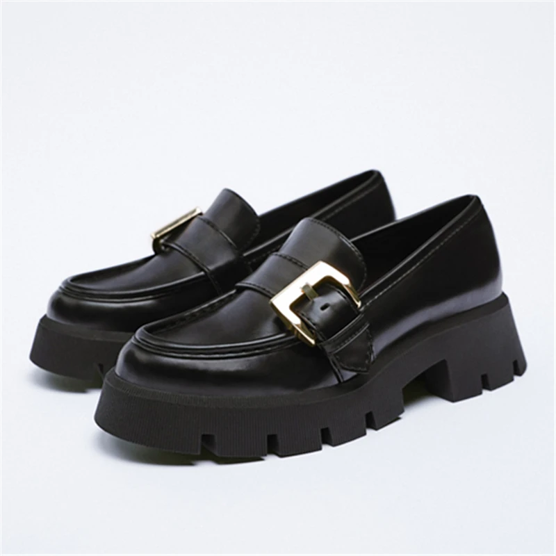 

Buckle Women Loafers Thick Sole Platform Shoes Ladies Black Leather Dress Pumps Comfortable Espadrilles Handmade Flats