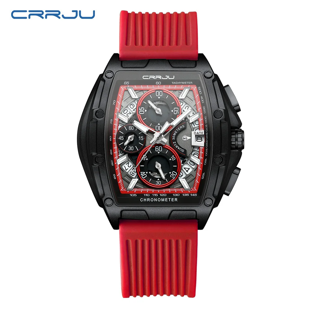 CRRJU Brand Men Watch Domineering Barrel Watch Curved Mirror Hollow Surface Sports Men Watch Silicone Quartz Wristwatch