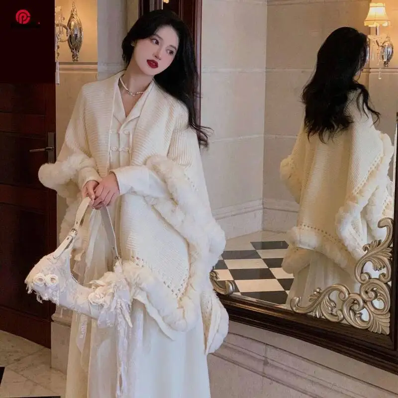 

Элегантное пончо из искусственного меха Sweet Fairy с полной отделкой, длинная верхняя одежда, плотный вязаный кардиган, накидка, женская осенне-зимняя накидка, плащ, подарок для девочки