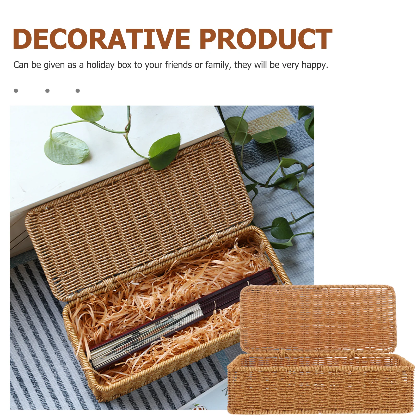 

Woven Storage Basket with Lid Desktop Organizer Box for Home Office Imitation Rattan Sundries Container Neat Countertop Solution