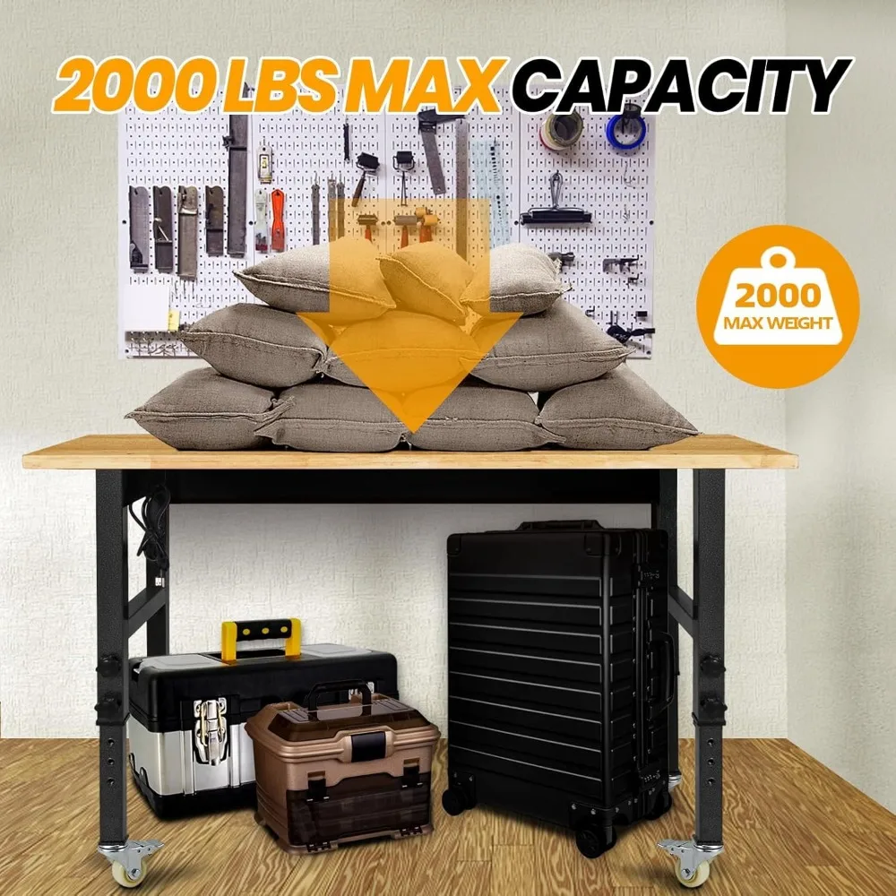 Robuuste verstelbare werkbank met rubberen houten blad, stopcontact, wielen, capaciteit van 2000 lbs, werktafel met industriële sterkte