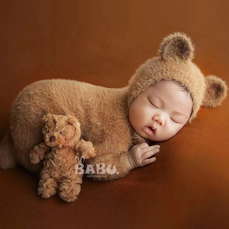 

Bear Newborn Photography Outfit Cute Style Soft Fur Baby Jumpsuit + Hat 2pcs/Set Baby Boy Girl Studio Shooting Accessories