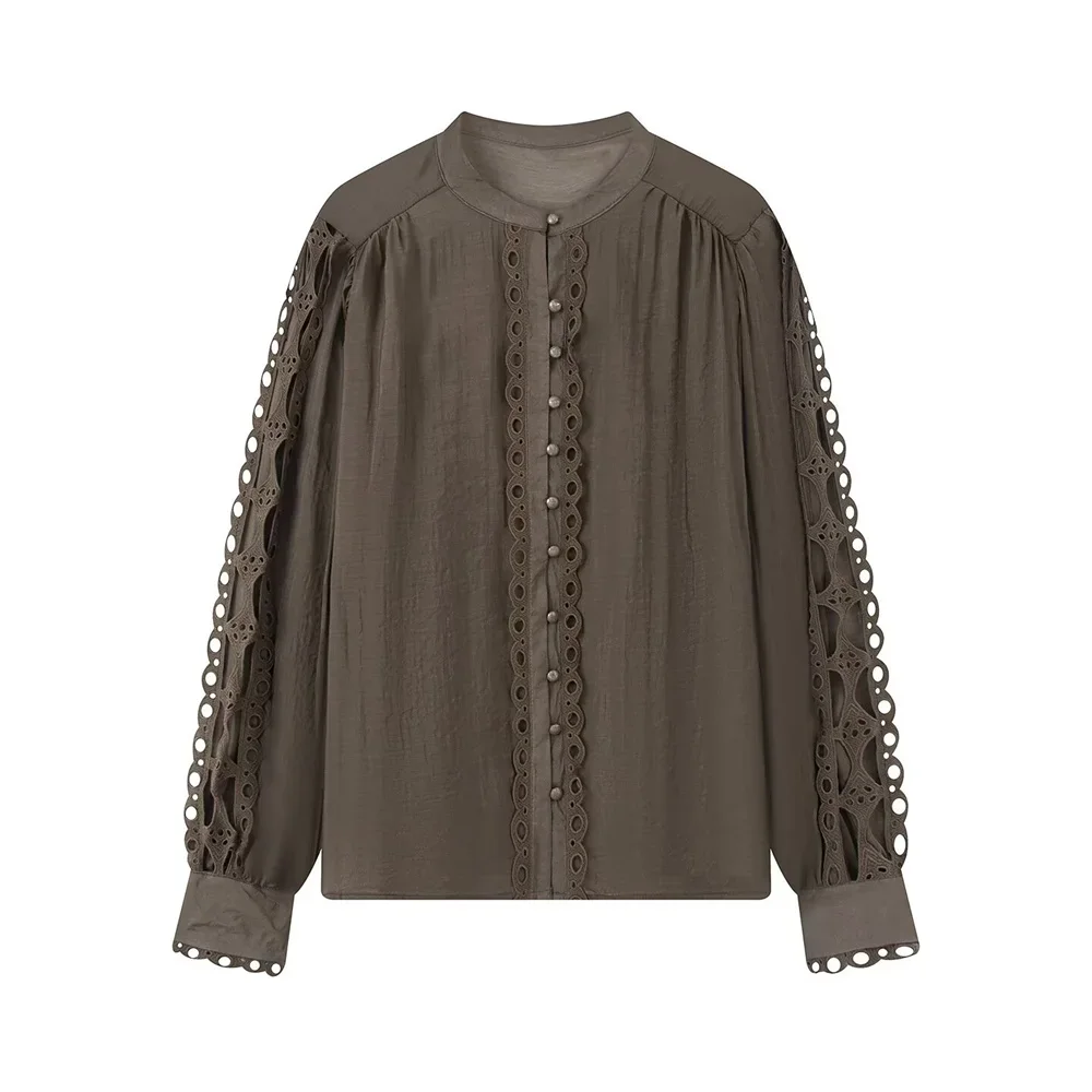 2025 Autumn new European and American style women's clothing fashion simple and versatile solid color lace trimmed top