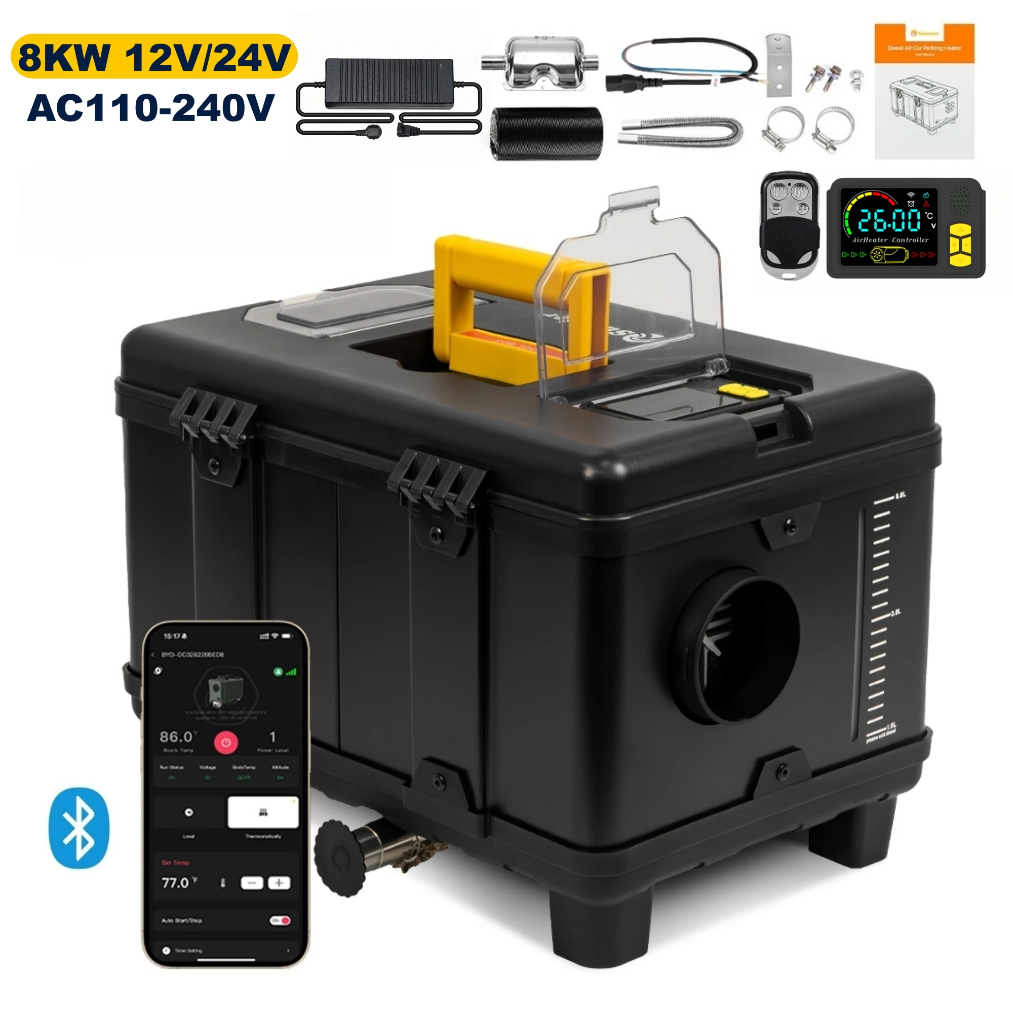 Chauffage d'air Diesel universel 8kw, 12V, 24V, 220V, AC et DC, tout-en-un, pour stationnement, avec contrôle par application bluetooth, pour maison, véhicule RV