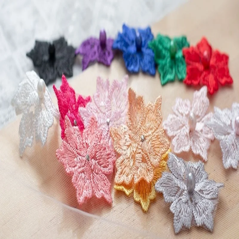 3 Pcs/lot 4.5cm Quality Single-layer Color Beaded Flower Organza Lace Patch Sticker