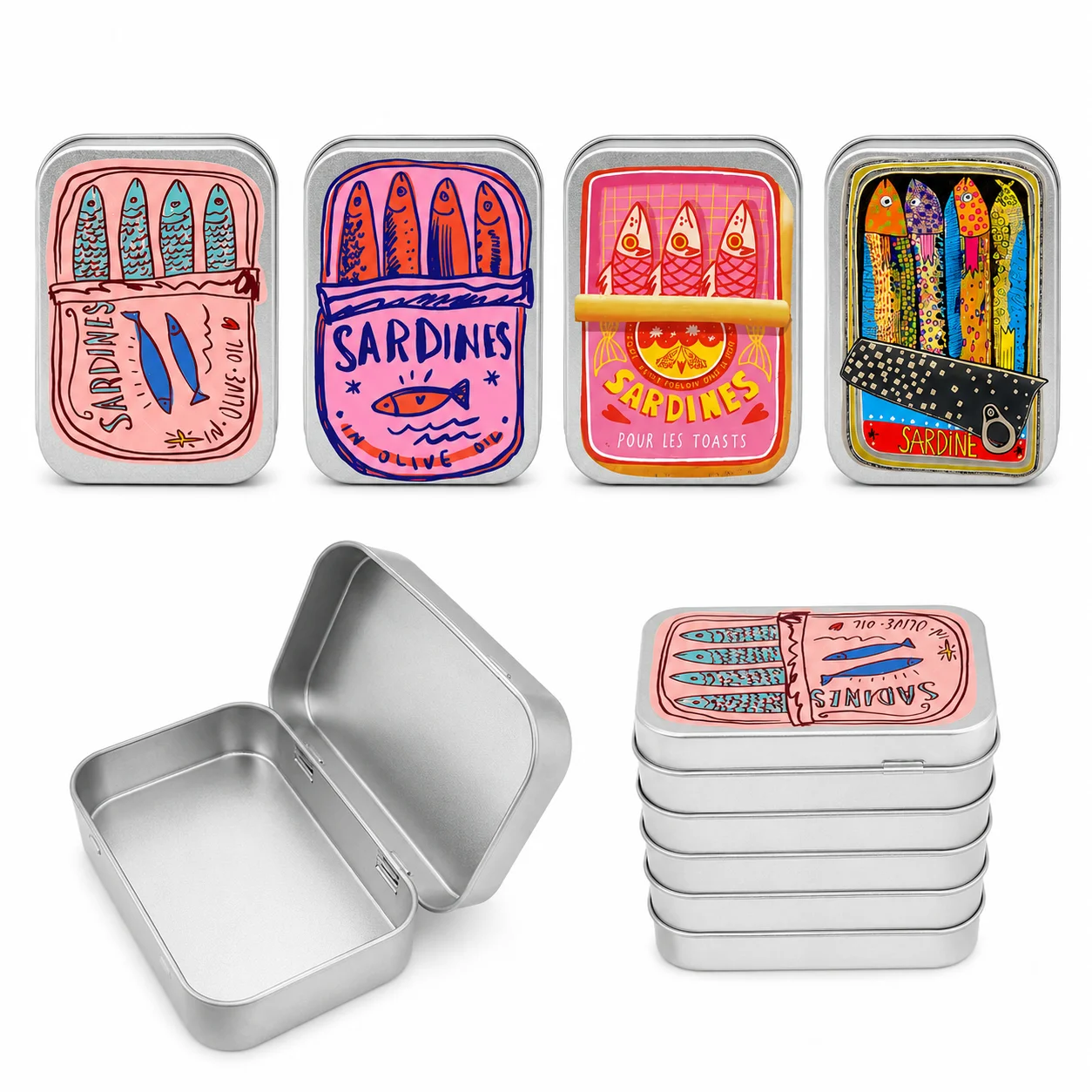 Portable Tin Case Mini Metal Box Cute Sardine Print Tin Box Small Pill Case Travel Jewelry Storage Case Desk Handbag Office