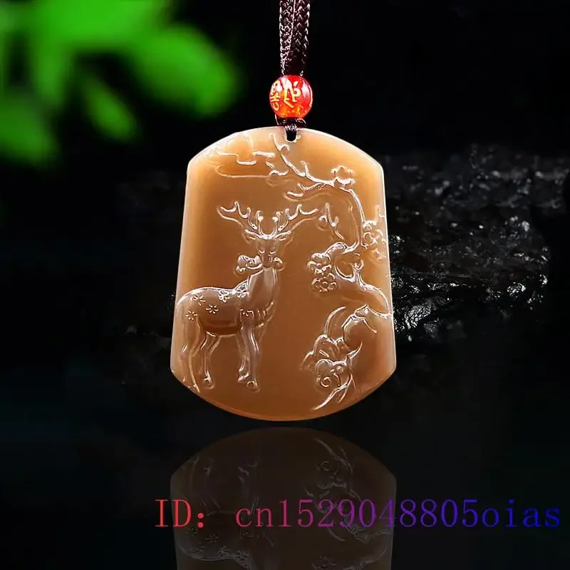 

Brown Jade Deer Pendant Gifts Natural Necklace Jadeite Jewelry Gemstone Charm Carved Fashion Chinese Amulet Women