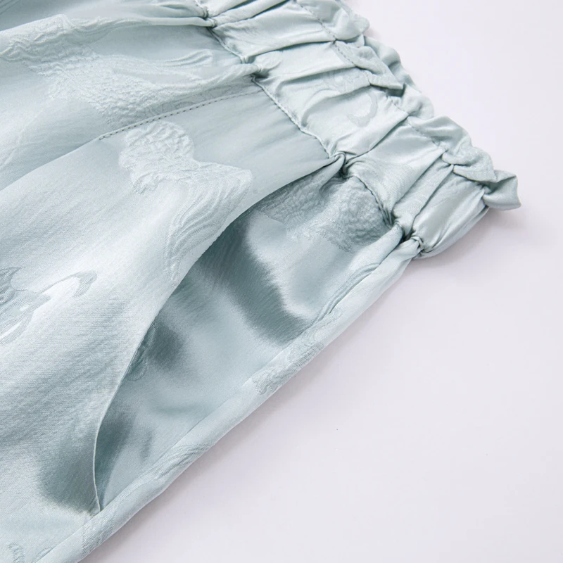 2025 Women's Fashion Early Autumn New 100% Natural Mulberry Silk GuanLe Satin High Waist Casual Aqua Blue Wide Leg Pants