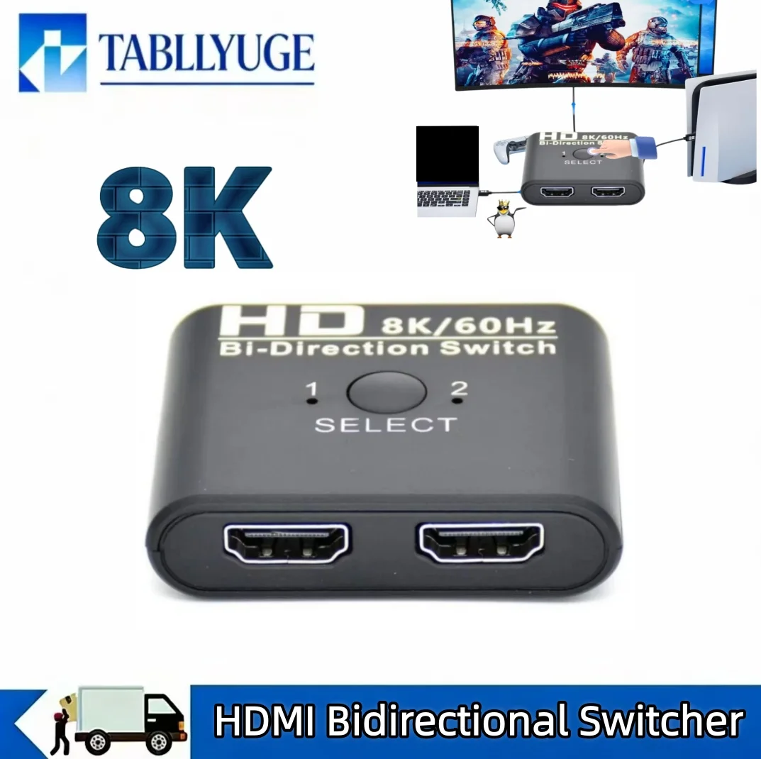 Conmutador HDMI 8k HDTV de 2 Puertos, Adaptador Bidireccional 2x1/1x2, Selector de Video para Laptop, PS3/PS4, TV Box a Monitor/TV