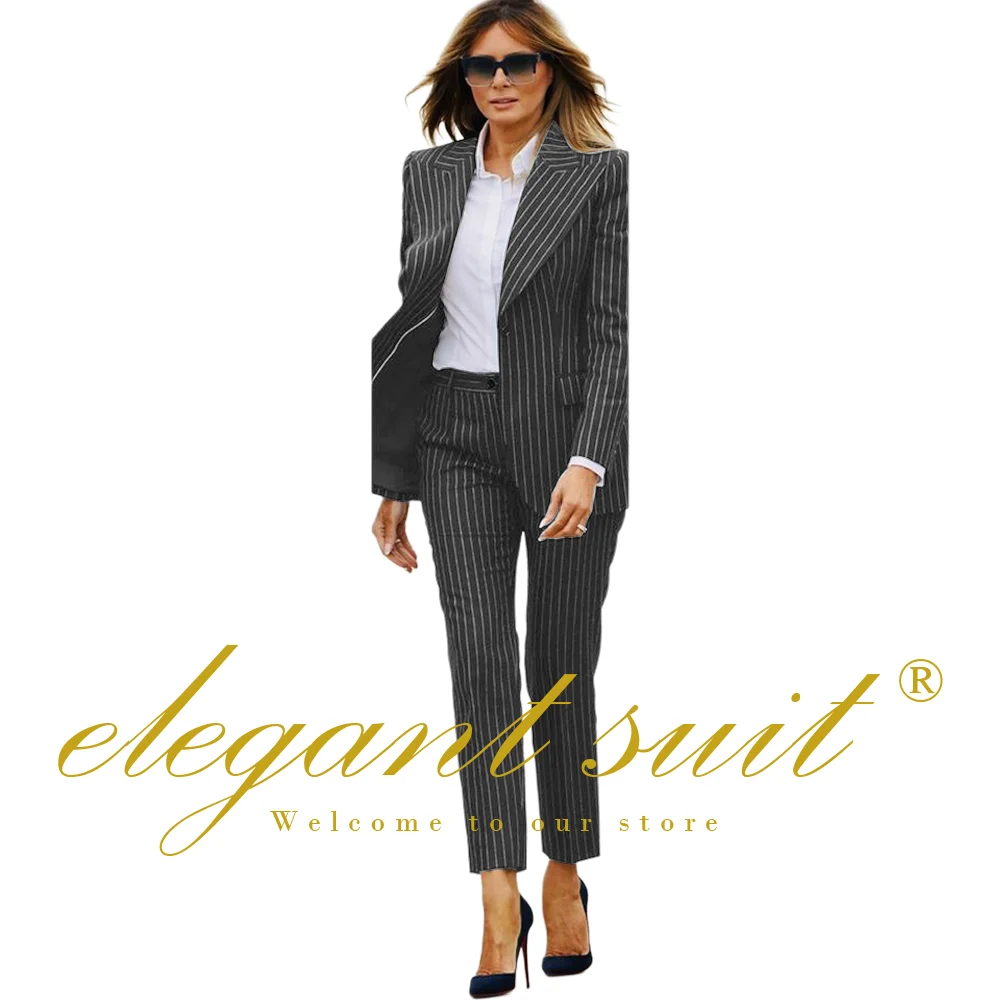 Women\'s black striped 2-piece suit (suit jacket + trousers) suitable for office and formal occasions, customized suit