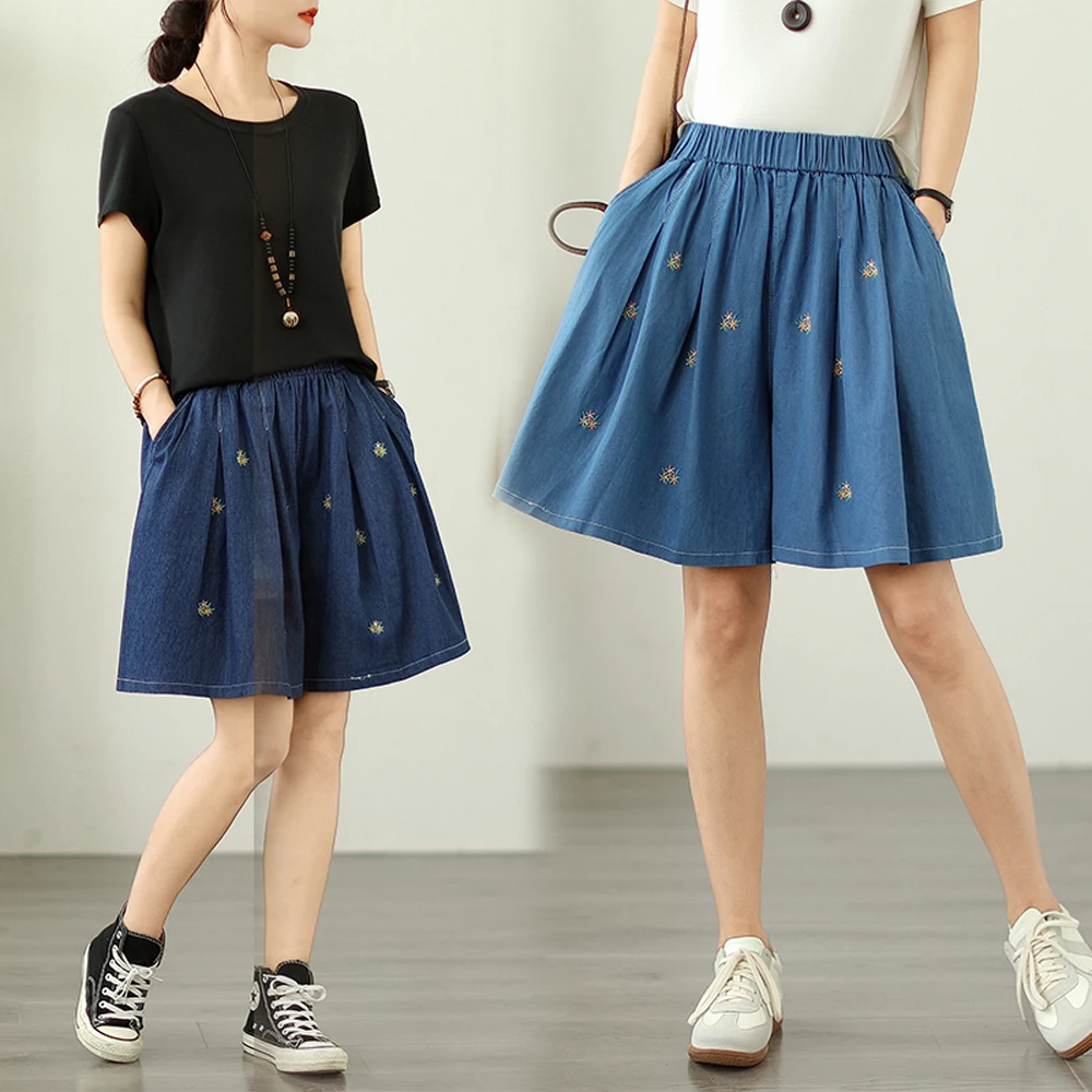 NYFS 2025 Vintage Women's Loose plus Size Jeans Solid Elastic Waist Knee Length Denim Shorts Trousers Summer - Image 5