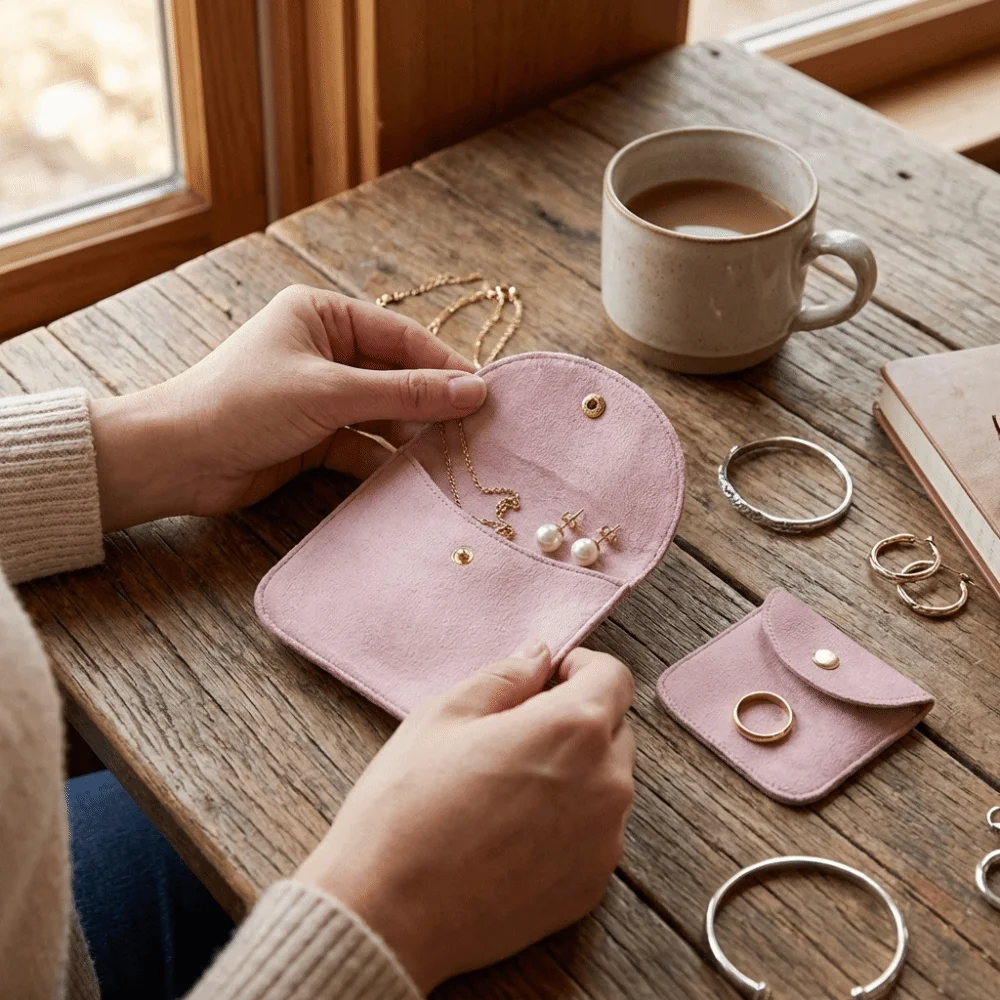 Soft Velvet Jewelry Pouch Portable Dust Protect Packaging Gift Bag Envelope Style Snap Button Storage Jewelry Organizer