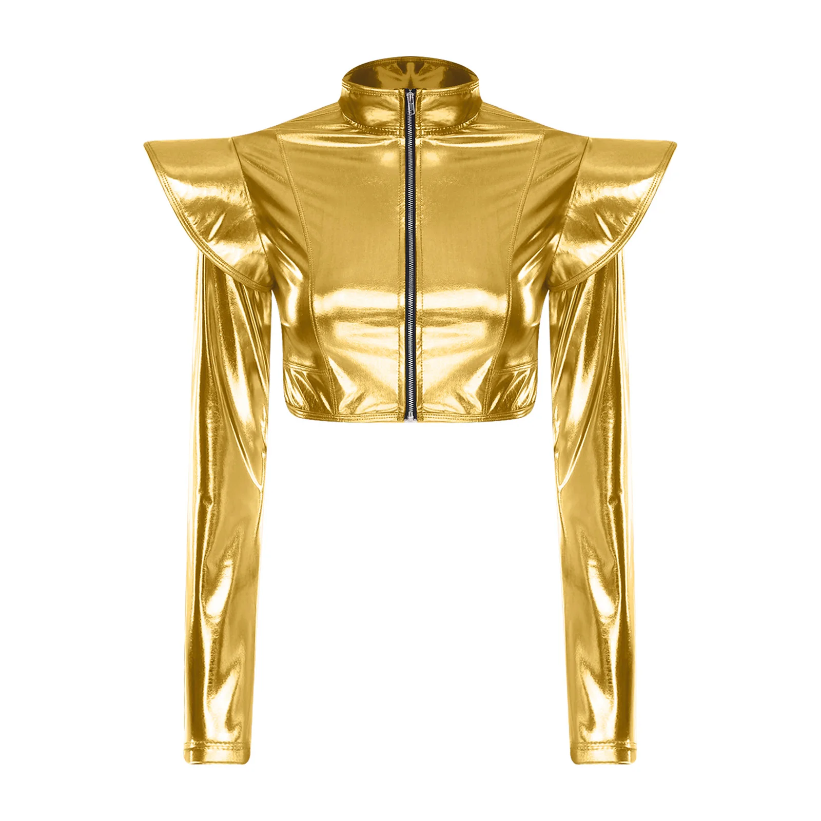 

Women Metallic Crop Jacket Long Sleeve Shiny Zipper Outerwear Tops for Club Raves Party Disco Stage Performance Waistcoats