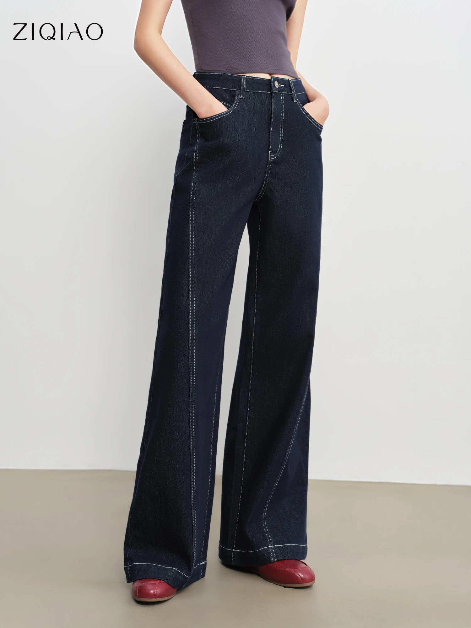 

ZIQIAO Anti-Fading Quick-Drying Petite Diagonal Seam Design Slightly Flared Jeans for Women 2026 New Arrival Floor-Length Jeans