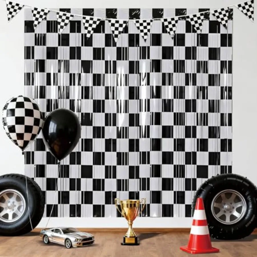 2 Cortinas de Coche de Carreras, Cortinas de Flecos con Estampado a Cuadros en Blanco y Negro, Telones de Fondo para Decoración de Fiesta de Cumpleaños de Niños con Temática de Coches de Carreras