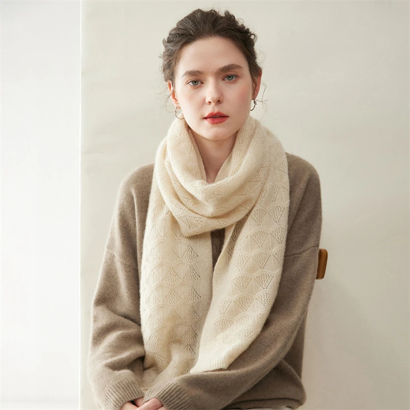 MVLYFLRT Women's Light Luxury 100% Pure Cashmere Scarf Thickened Warm Neck Protection Fashion Solid Color Fan-Shaped Scarf